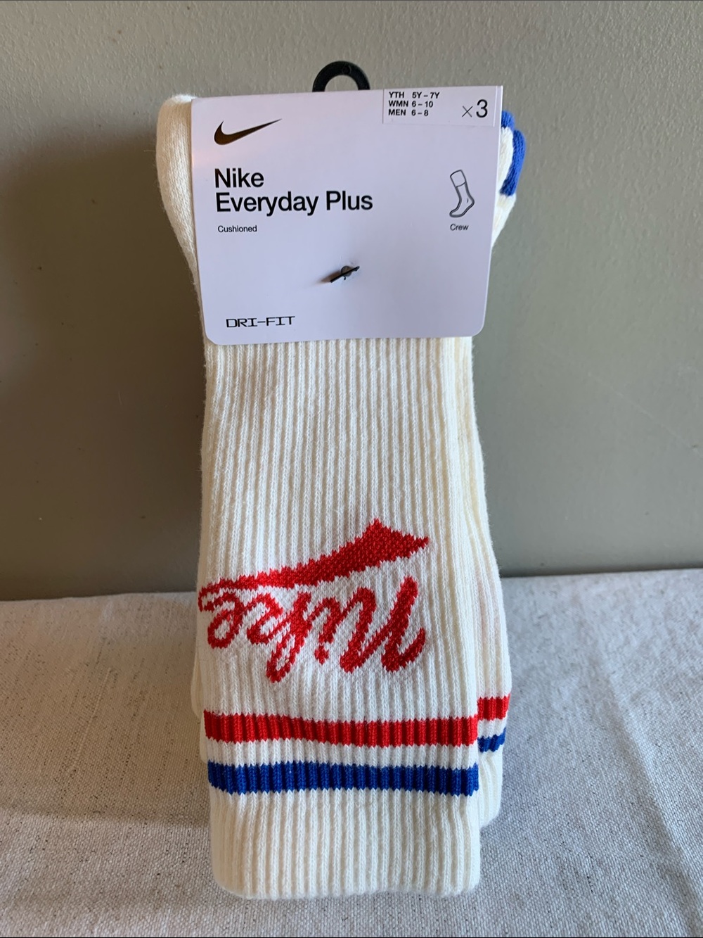 Nike Everyday Plus Crew Socks in White with Red & Blue Accents